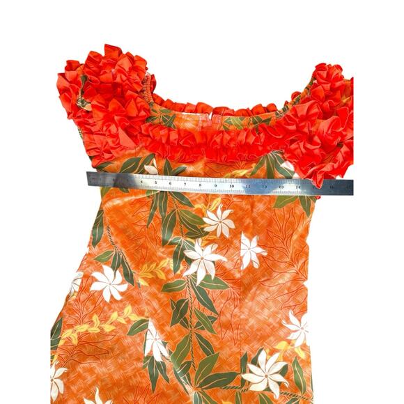 T&L Muumuu Factory Orange Puff Sleeve Vintage Hawaiian Aloha Dress Floral Ruffle - Picture 6 of 13